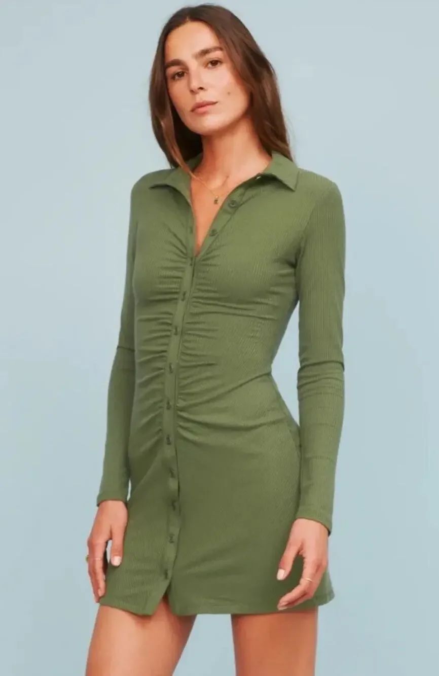 Reformation Amy Agatha Ribbed Knit Mini Dress Green Button Front Small